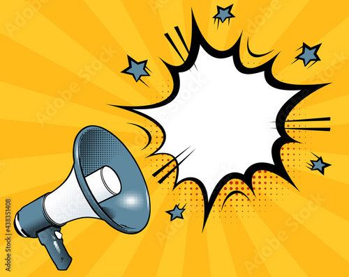 Megaphone icon with blank speech bubble and empty copy space for text. Template for ad and business. Vector illustration on orange background with sun rays