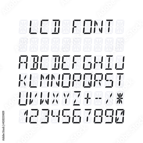 LCD font template for fourteen segment display. Vector illustration isolated on white background
