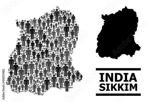 Map of Sikkim State for national agitation. Vector demographics mosaic. Mosaic map of Sikkim State designed of social items. Demographic scheme in dark grey color variations.