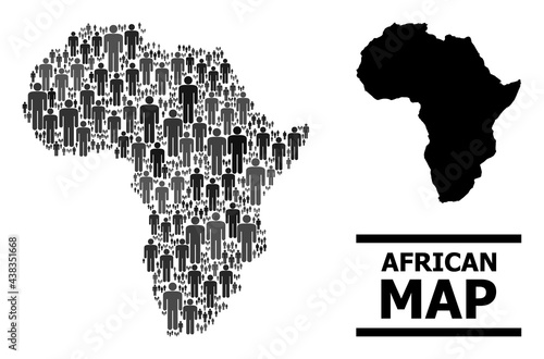 Map of Africa for demographics applications. Vector demographics mosaic. Collage map of Africa made of person pictograms. Demographic scheme in dark grey color variations.