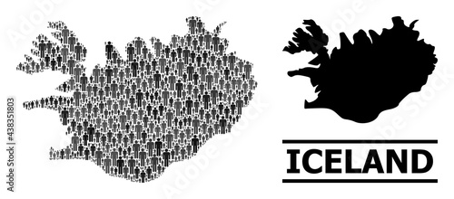 Map of Iceland for national applications. Vector nation mosaic. Concept map of Iceland done of population pictograms. Demographic concept in dark grey color tints.
