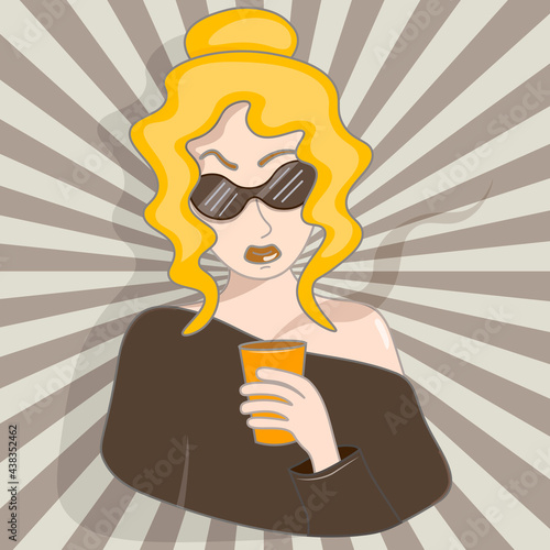 Pop art portrait of a stylish woman in glasses with a drink. An ambitious girl in a brown blouse drinks coffee. The spectacular lady ponders. Vector flat illustration. Retro style. Pop Art.
