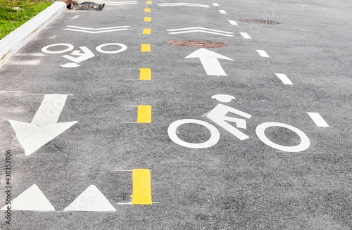 Asphalt bike lane in New York City, focus on the bike symbol, USA.