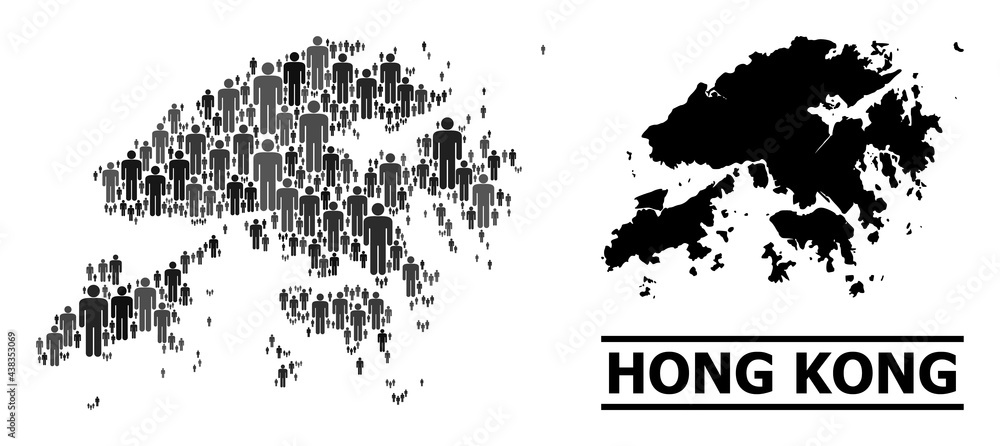 Map of Hong Kong for social proclamations. Vector nation collage. Collage map of Hong Kong made of population icons. Demographic scheme in dark grey color tints. Map of Hong Kong for social proclamations. Vector nation collage. Collage map of Hong Kong made of population icons. Demographic scheme in dark grey color tints.