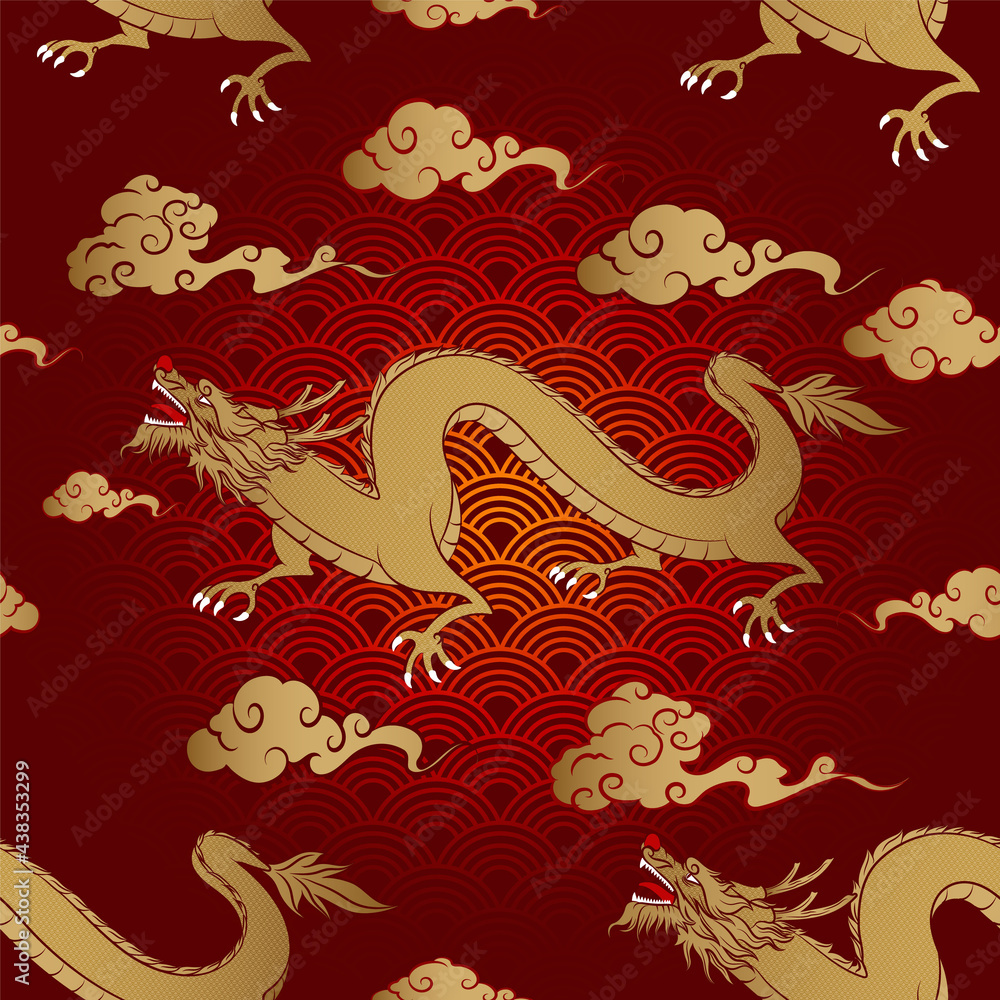 Seamless Art Japanese Repeat Pattern of Flying Golden Dragon with Curve Cloud on Red Water Wave Repeat Pattern Dark Red Background Vector Design Seamless Art Japanese Repeat Pattern of Flying Golden Dragon with Curve Cloud on Red Water Wave Repeat Pattern Dark Red Background Vector Design