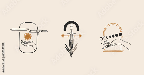 Hand drawn vector abstract stock flat graphic illustration with logo element,bohemian magic line art of gold sun,woman hand and moon phases in simple style for branding,isolated on color background.