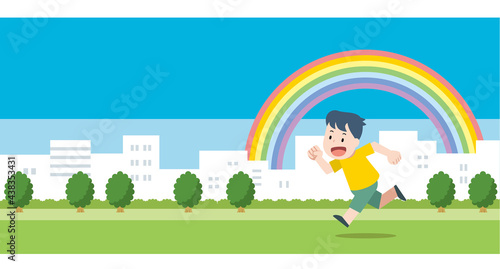 街中の公園を走る子供(男の子)のイラスト素材