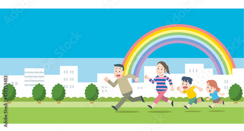 街中の公園を走る家族のイラスト素材