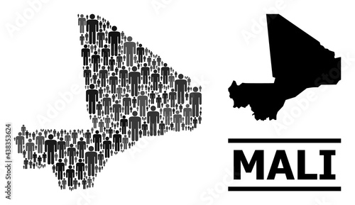 Map of Mali for demographics projects. Vector demographics mosaic. Mosaic map of Mali done of guy elements. Demographic scheme in dark gray color hues.