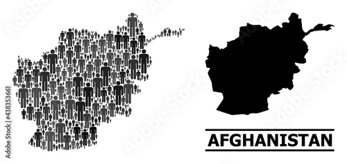 Map of Afghanistan for national purposes. Vector population mosaic. Pattern map of Afghanistan designed of population icons. Demographic concept in dark grey color tints.