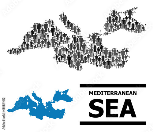 Map of Mediterranean Sea for demographics promotion. Vector demographics collage. Concept map of Mediterranean Sea organized of man items. Demographic scheme in dark grey color hues.