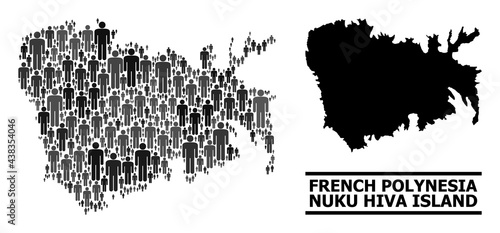 Map of Nuku Hiva Island for political purposes. Vector population mosaic. Mosaic map of Nuku Hiva Island made of population elements. Demographic scheme in dark gray color hues.