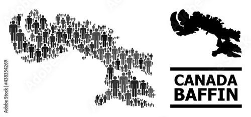 Map of Baffin Island for social propaganda. Vector nation mosaic. Mosaic map of Baffin Island combined of guy icons. Demographic concept in dark grey color tinges.