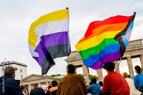 People stand up for the rights of transgender people in front of the brandenburger gate on the 01.06.21