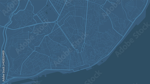 Blue Lisbon City area vector background map, streets and water cartography illustration.