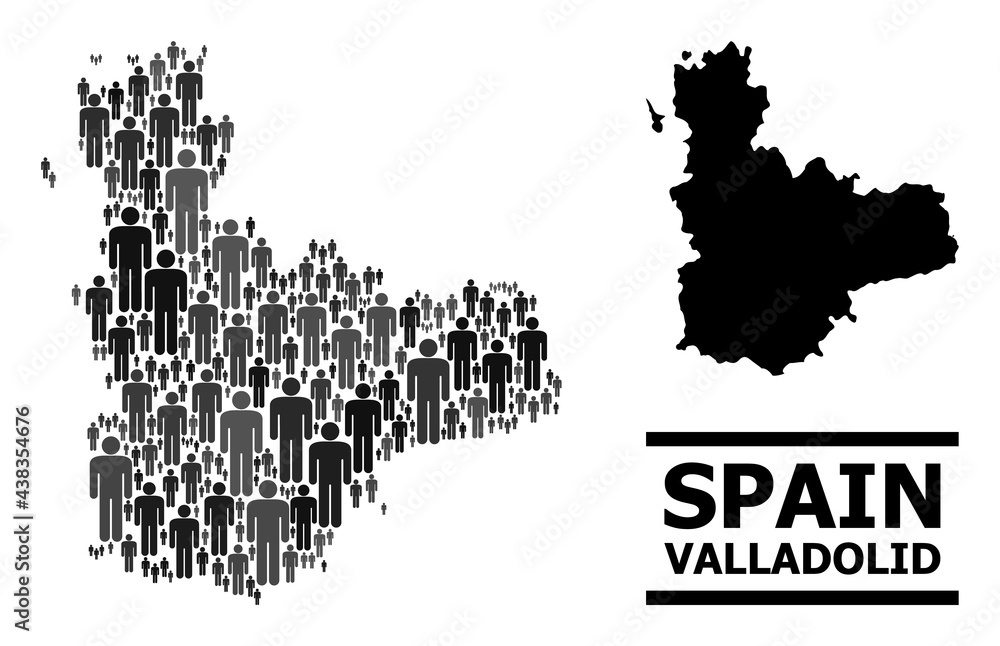 Map of Valladolid Province for demographics purposes. Vector demographics collage. Concept map of Valladolid Province designed of crowd pictograms. Demographic concept in dark grey color hues.