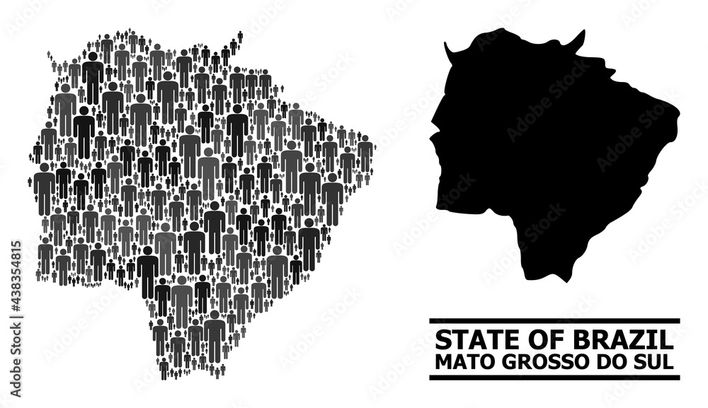 Map of Mato Grosso do Sul State for political proclamations. Vector population mosaic. Concept map of Mato Grosso do Sul State done of men items. Demographic concept in dark gray color hues.