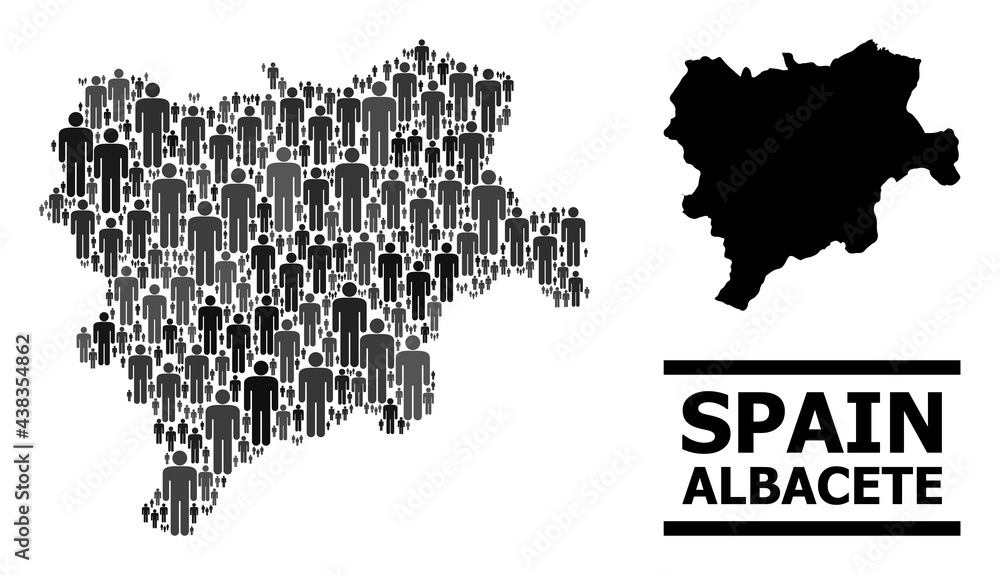 Map of Albacete Province for political proclamations. Vector demographics mosaic. Mosaic map of Albacete Province composed of person icons. Demographic scheme in dark grey color tints.