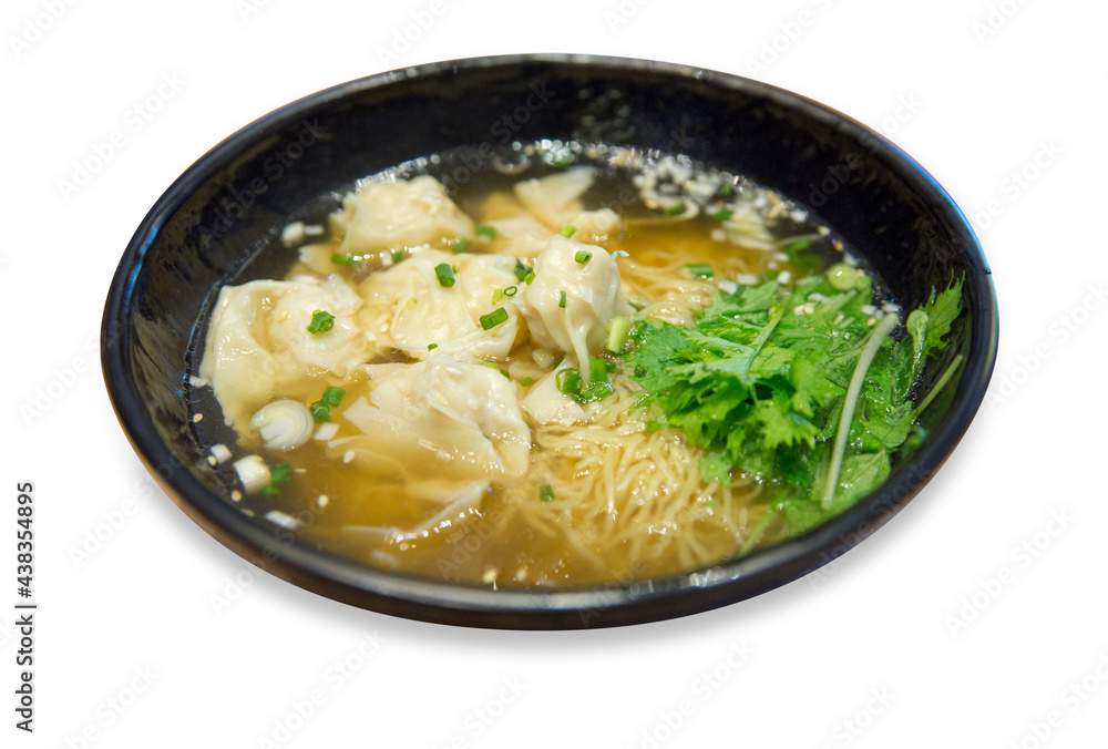 Die cut Shrimp Wonton Noodles on black bowl on white background.