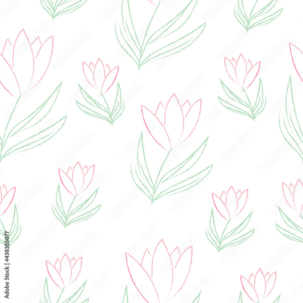 Seamless floral pattern with pink tulip flowers, vector drawing, white background Seamless floral pattern with pink tulip flowers, vector drawing, white background