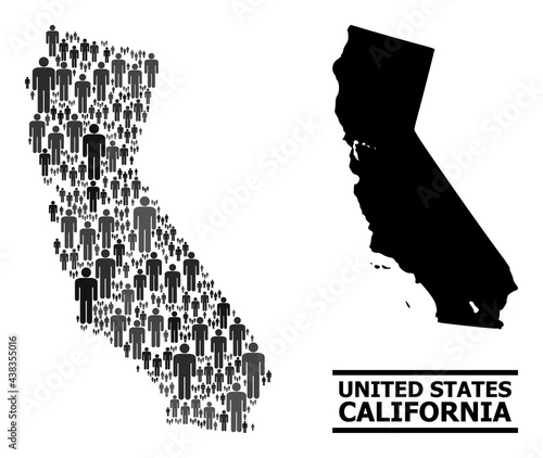Map of California for political doctrines. Vector population abstraction. Abstraction map of California combined of population icons. Demographic concept in dark grey color tinges.