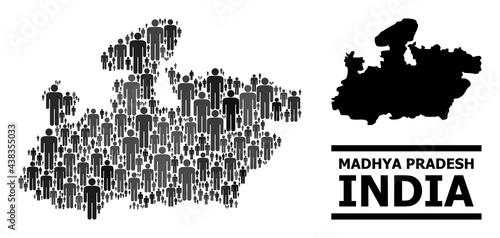 Map of Madhya Pradesh State for political projects. Vector nation mosaic. Mosaic map of Madhya Pradesh State made of guy pictograms. Demographic scheme in dark gray color tinges. photo