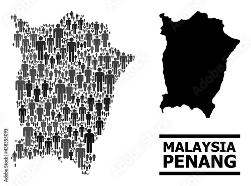 Map of Penang Island for demographics propaganda. Vector demographics abstraction. Abstraction map of Penang Island constructed of human items. Demographic concept in dark grey color hues.