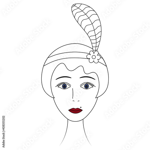 
Woman's face in retro style. Sketch. The head of a lady from 1920. Vector illustration. Short hair, blue eyes, a mole above the lip. Hairstyle a la garcon. 