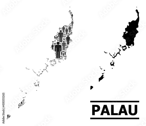 Map of Palau Islands for politics promotion. Vector population collage. Mosaic map of Palau Islands made of population items. Demographic scheme in dark grey color tints.