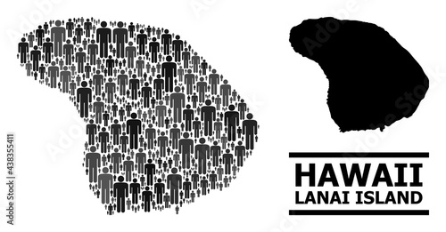 Map of Lanai Island for demographics projects. Vector demographics mosaic. Mosaic map of Lanai Island done of man pictograms. Demographic concept in dark gray color hues.