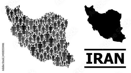 Map of Iran for social applications. Vector nation mosaic. Concept map of Iran composed of crowd pictograms. Demographic concept in dark grey color tinges.