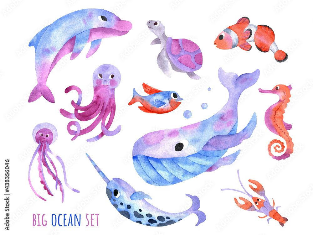 Big sea collection with cute whale, dolphin, narwhal, fish, clownfish, seahorse, turtle, jellyfish, crawfish. Big ocean set of watercolor underwater creatures isolated on white background. Big sea collection with cute whale, dolphin, narwhal, fish, clownfish, seahorse, turtle, jellyfish, crawfish. Big ocean set of watercolor underwater creatures isolated on white background.