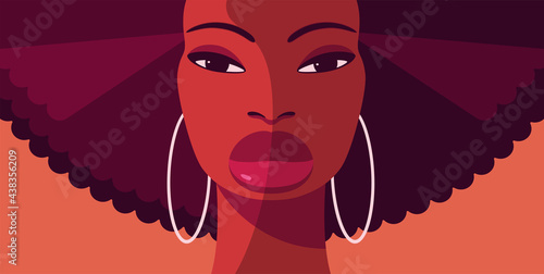 Vector stylized portrait of beautiful young black woman with long curly hair and white hoop earrings. Side light portrait.