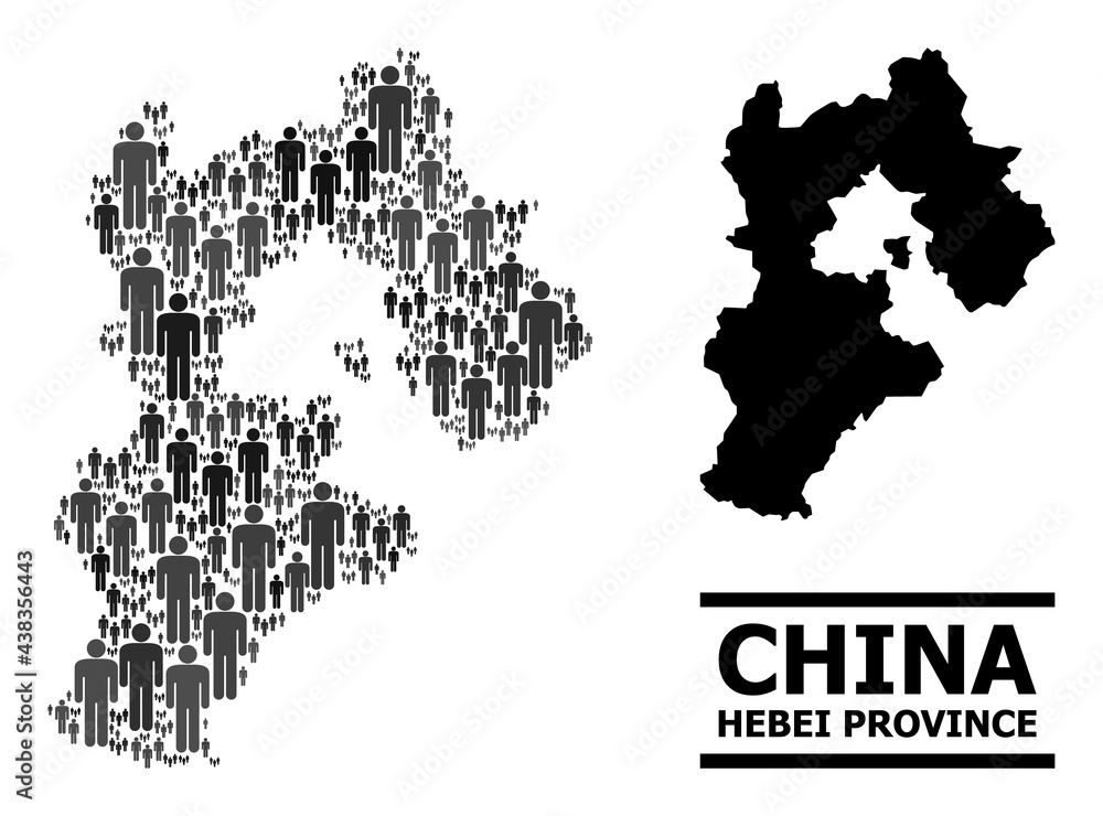 Map of Hebei Province for political applications. Vector demographics abstraction. Abstraction map of Hebei Province designed of person elements. Demographic scheme in dark gray color hues.
