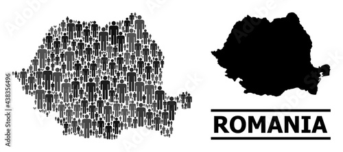 Map of Romania for social agitation. Vector population abstraction. Abstraction map of Romania constructed of social elements. Demographic scheme in dark gray color tones.