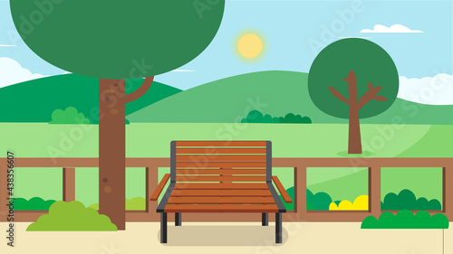 Public park with bench and nature landscape background.Vector illustration.Flat Green park cartoon.Garden in summer