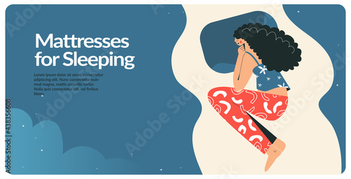 Sleeping woman landing page template. Girl sleeps in bed on side, Sweet dreams, good health concept. Female character in pajama relax on pillow. Flat vector layout illustration, advert banner