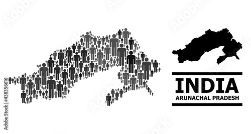 Map of Arunachal Pradesh State for demographics propaganda. Vector population mosaic. Concept map of Arunachal Pradesh State composed of population icons. Demographic concept in dark gray color tints.
