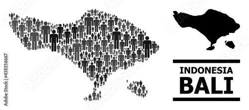 Map of Bali Island for political agitation. Vector nation mosaic. Concept map of Bali Island created of social elements. Demographic concept in dark grey color hues.