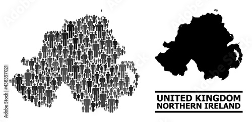 Map of Northern Ireland for demographics purposes. Vector demographics collage. Concept map of Northern Ireland done of population elements. Demographic scheme in dark gray color tones.