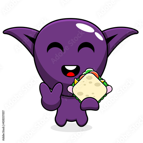 purple goblin simple cartoon character holding sandwich
