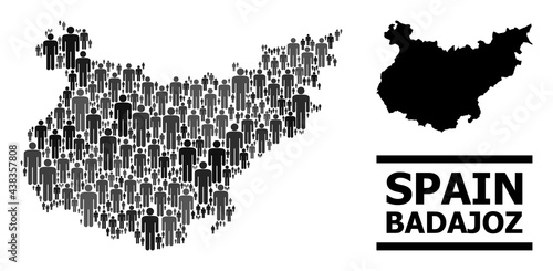 Map of Badajoz Province for demographics agitprop. Vector demographics mosaic. Collage map of Badajoz Province organized of men elements. Demographic scheme in dark gray color hues.