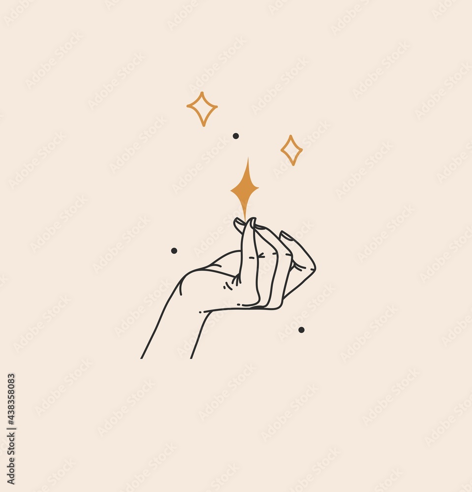 Hand drawn vector abstract stock flat graphic illustration with branding logo,bohemian celestial magic line art of woman hand and stars in simple style,feminine astrology concept. Hand drawn vector abstract stock flat graphic illustration with branding logo,bohemian celestial magic line art of woman hand and stars in simple style,feminine astrology concept.