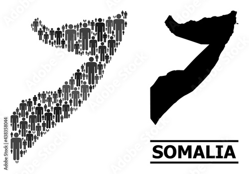 Map of Somalia for national propaganda. Vector population abstraction. Concept map of Somalia designed of population items. Demographic concept in dark gray color tones.
