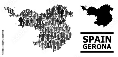 Map of Gerona Province for social applications. Vector nation mosaic. Mosaic map of Gerona Province organized of people icons. Demographic concept in dark grey color tints.