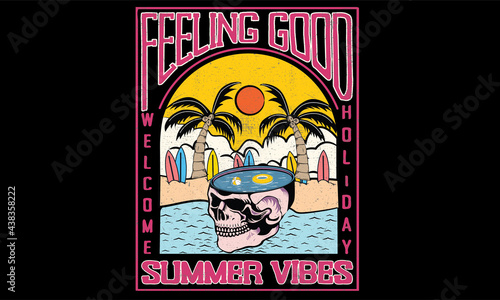 Feeling good summer print deign. Summer skulls swimming graphic design.