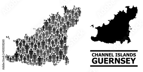 Map of Guernsey Island for demographics agitation. Vector nation abstraction. Abstraction map of Guernsey Island designed of person items. Demographic scheme in dark gray color tones.