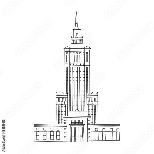 Vector line hand drawn illustration with Palace of Culture and Science. Warsaw, Poland. Isolated on white background