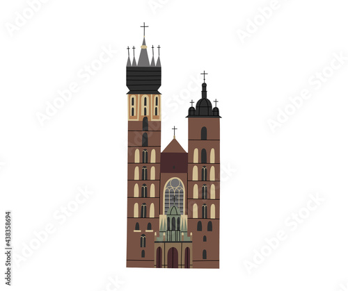 Vector color hand drawn illustration with Saint Mary Basilica. Krakow  Poland. Old town. Brick Gothic Roman Catholic church