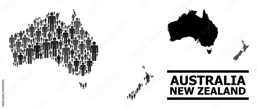 Map of Australia and New Zealand for national proclamations. Vector population mosaic. Concept map of Australia and New Zealand constructed of people elements.